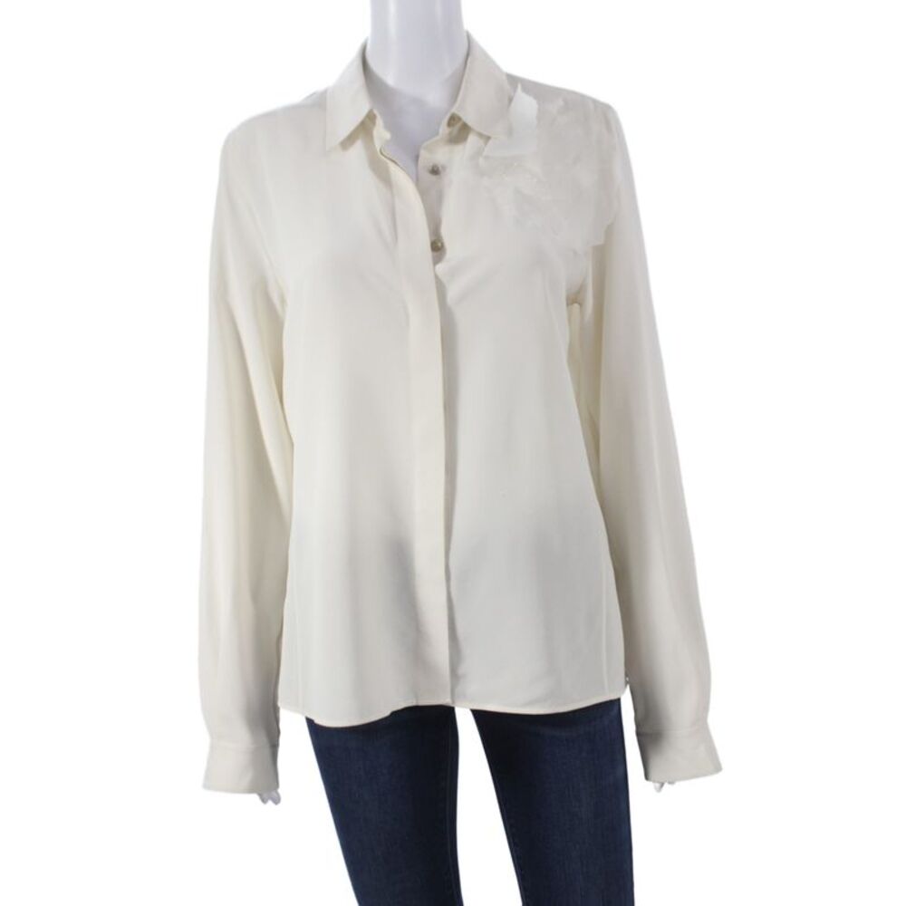 Akris Women Mulberry Silk Ivory Collared Long Sleeve Basic Blouse Size 6